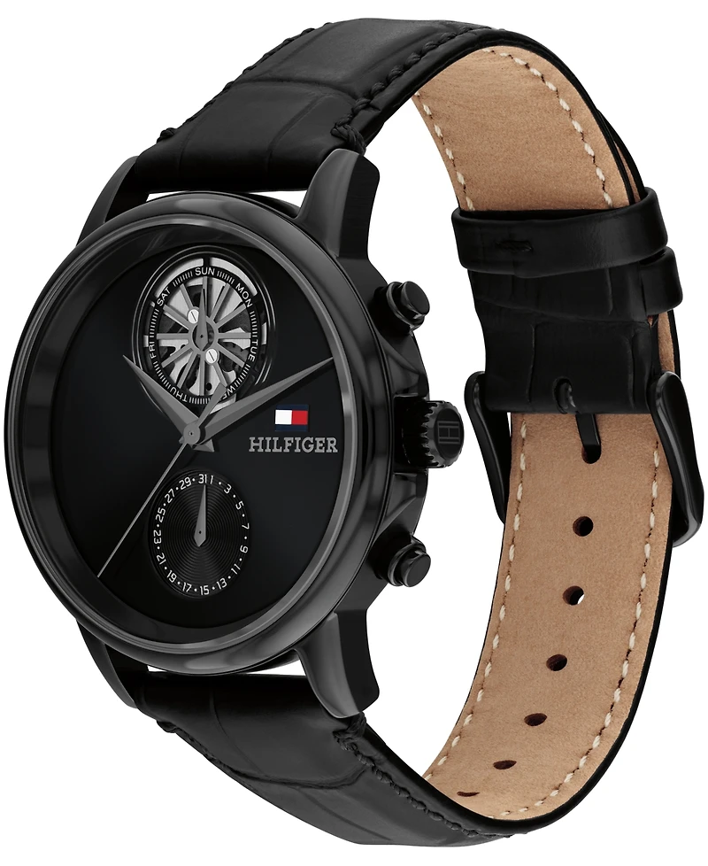 Tommy Hilfiger Men's Multifunction Black Leather Strap Watch, 40mm