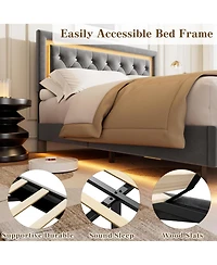 gaomon Floating Bed Frame with Smart Led Lights, Upholstered Platform Diamond Headboard, Solid Wood Slats Support