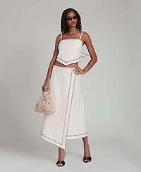 Avec Les Filles Womens Contrast Trim Scarf Top Asymmetric Wrap Midi Skirt