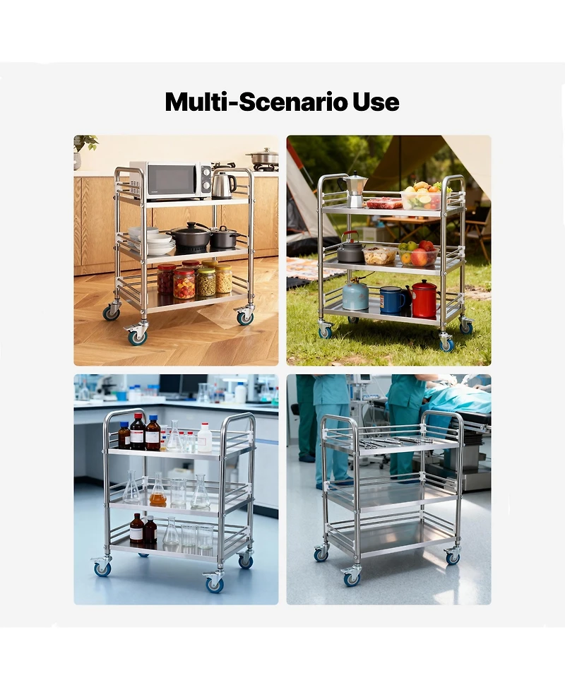 Rainsken Stainless Steel Rolling Cart, 3-Tier Metal Utility Cart with Lockable Wheels for Hospital, Restaurant, Kitchen, Salon