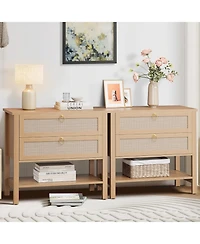 Gaomon Rattan Nightstand Set of 2, Boho Nightstand with 2 Drawers and Storage Shelf