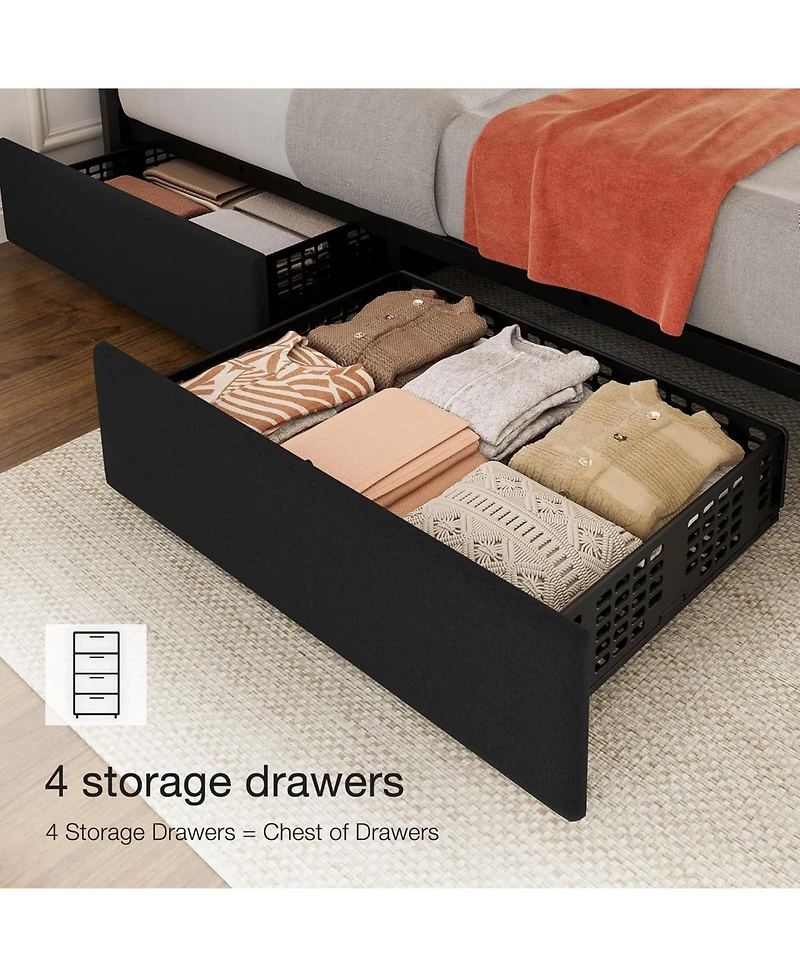 gaomon Linen Upholstered Bed Frame with 4 Storage Drawers, Adjustable Headboard, Sturdy Wooden Slats, No Box Spring Required