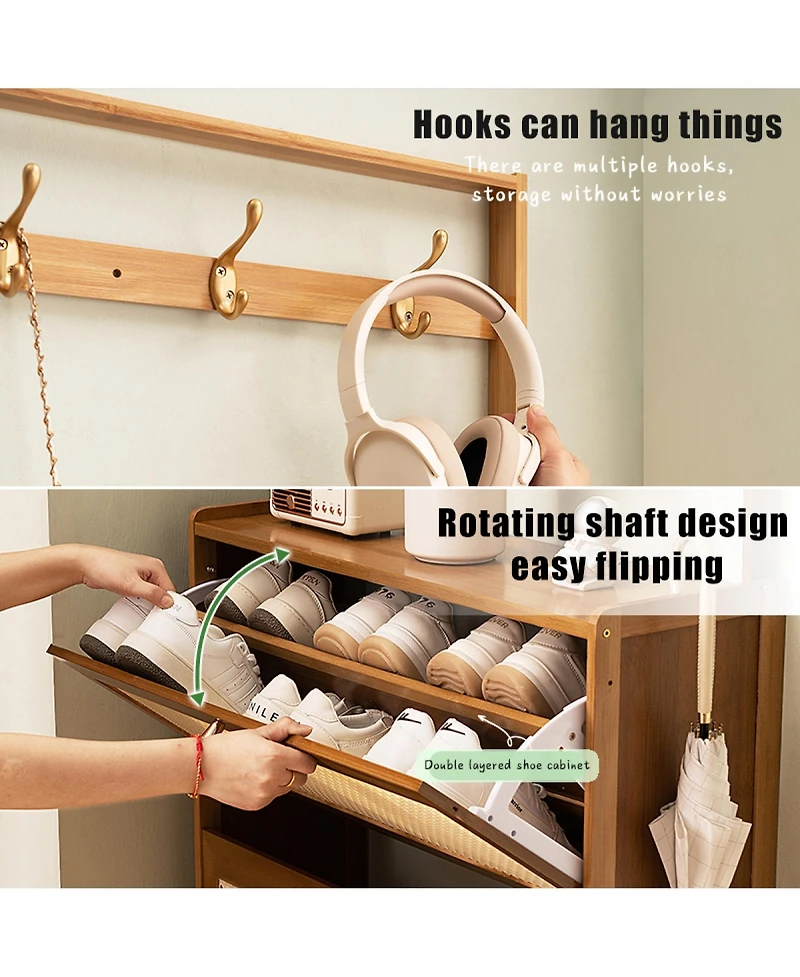 Rainsken Bamboo Shoe Storage Cabinet, Freestanding Shoe Rack with 3 Rattan Flip Drawers and Coat Hooks for Entryway, Hallway, Closet, Living Room