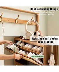 Rainsken Bamboo Shoe Storage Cabinet, Freestanding Shoe Rack with 3 Rattan Flip Drawers and Coat Hooks for Entryway, Hallway, Closet, Living Room