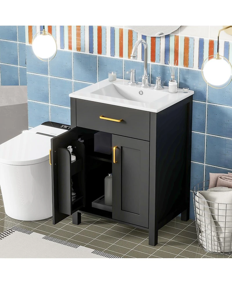 Sillysis 24" Bathroom Vanity with Ceramic Sink, Soft Close Doors, Flip-Top Drawer & Adjustable Shelf for Small Spaces