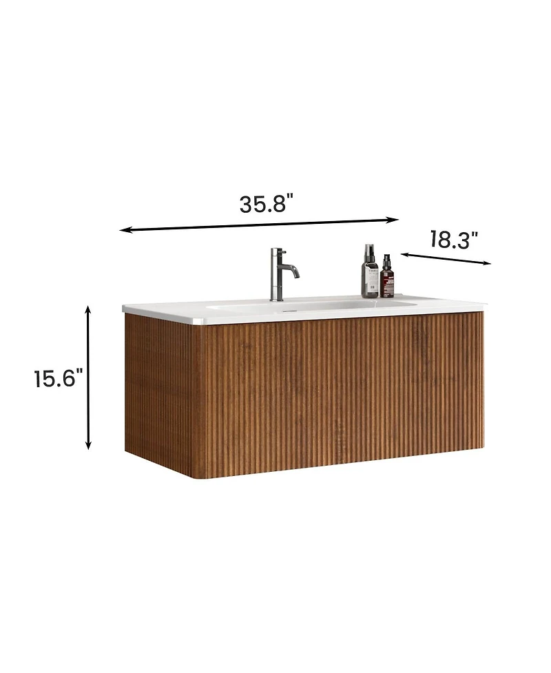 Sillysis 36" Walnut Floating Bathroom Vanity with Integrated Ceramic Sink & Push Open Drawer, Wall Mounted for Modern Bathroom