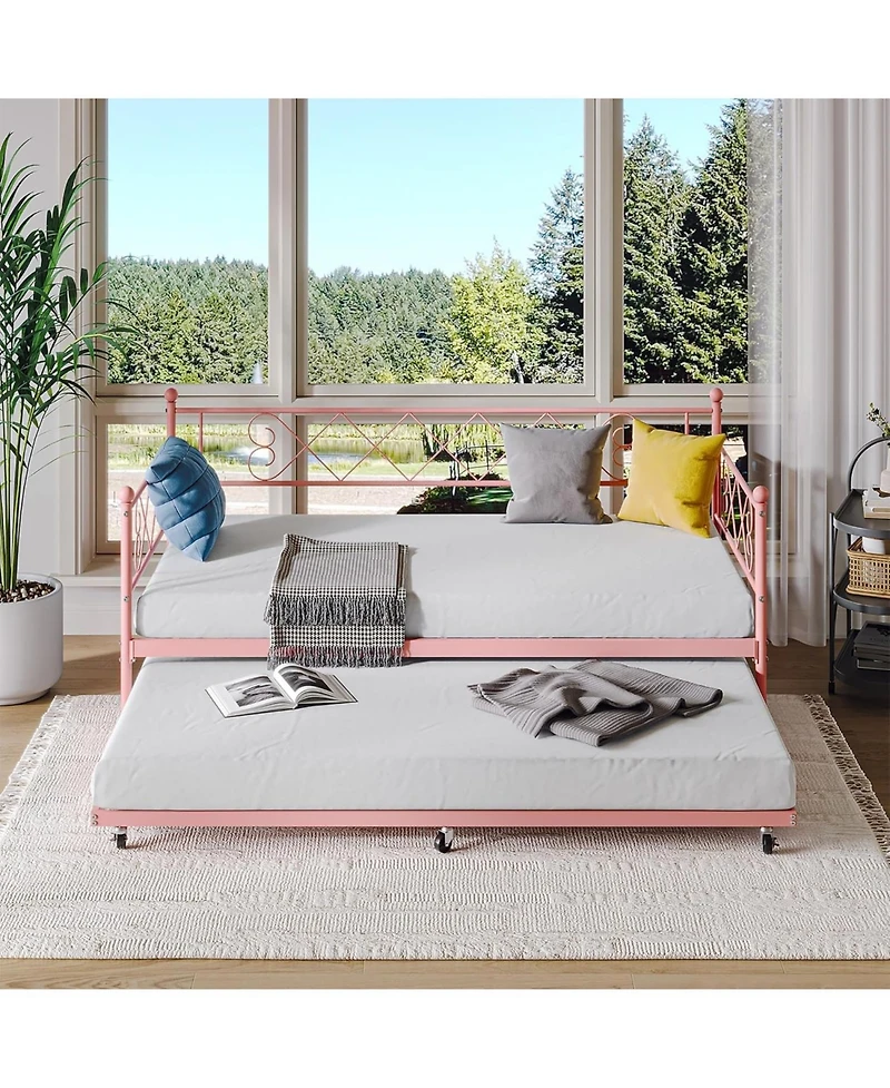 Gaomon Daybed with Trundle Metal Twin Daybed Frame Headboard Platform Sofa Bed Metal Slats Bedroom Living Room Guest