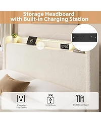 gaomon Boucle Bed Frame with Storage Headboard, Upholstered Full Charging Station, Led Lights, 4 Drawers