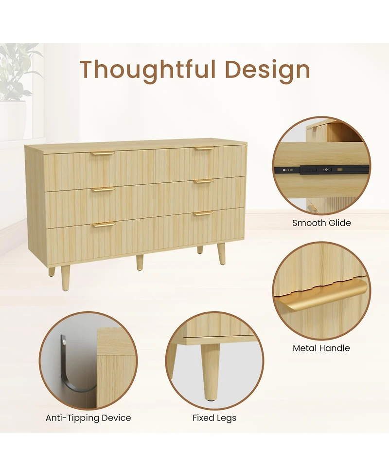 Rainsken 6 Drawer Dresser for Bedroom, Fluted Wooden Chest of Drawers with Metal Handle for Living Room, Hallway and Entrance