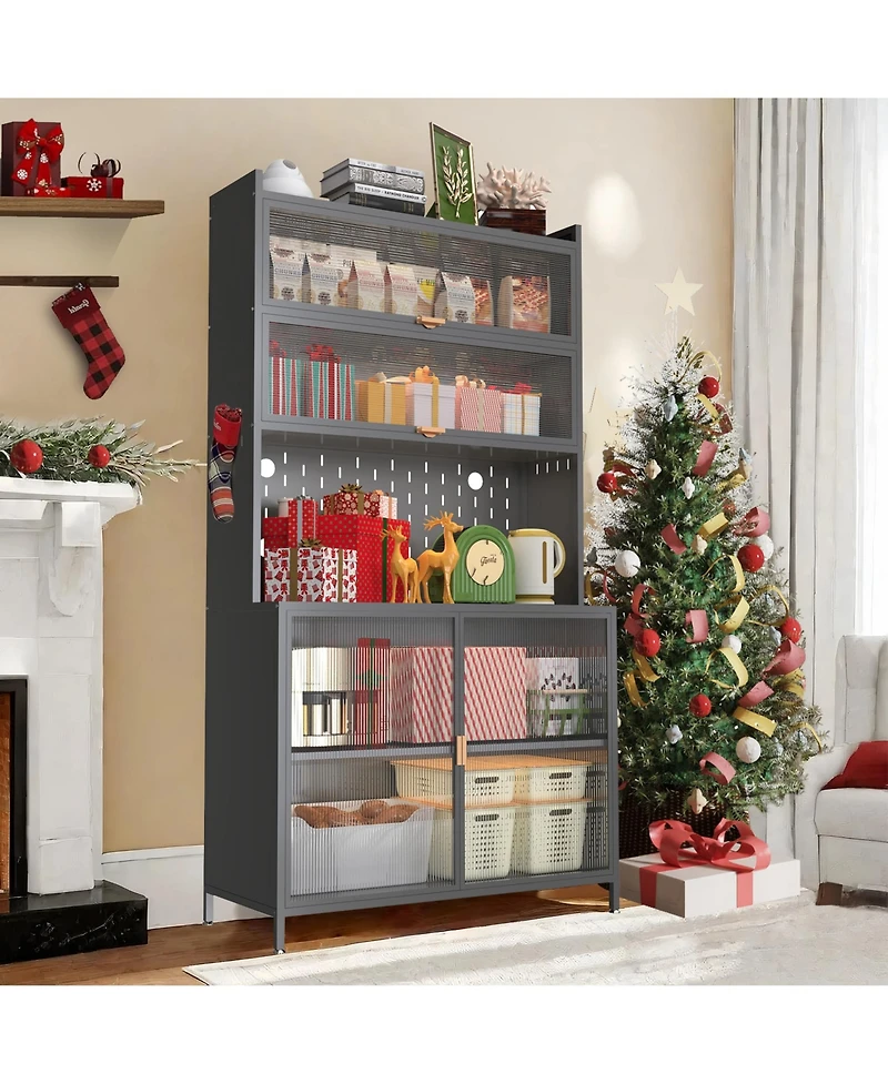 Rainsken 6-Tier Pantry Cabinet with Flip Door and Pegboard, Freestanding Kitchen Hutch with Adjustable Shelves for Dining Room