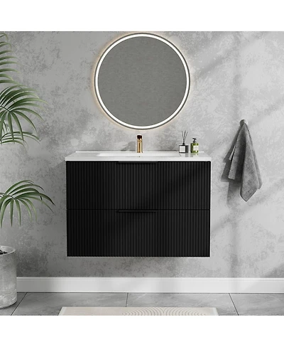 Sillysis 30" Wall Mounted Bathroom Vanity with Ceramic Sink, Fluted Mdf Cabinet & Drawers for Modern Small Bathrooms-Sillysis