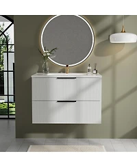 Sillysis 30" Wall Mounted Bathroom Vanity with Ceramic Sink, Fluted Mdf Cabinet & Drawers for Modern Small Bathrooms-Sillysis