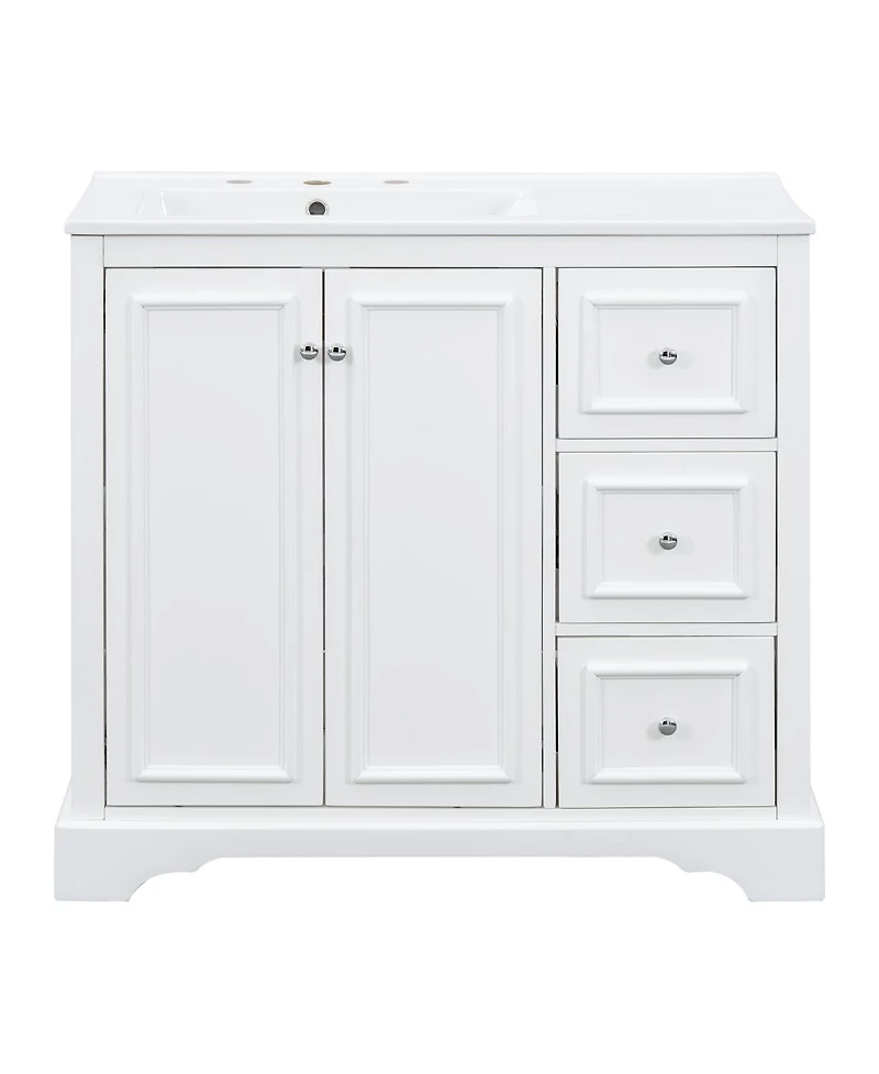 Sillysis 36" Transitional Bathroom Vanity with Ceramic Sink, Solid Wood & Mdf, 2 Soft-Close Doors, 3 Drawers, Adjustable Shelf for Storage