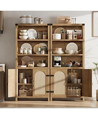 gaomon 70" Tall Farmhouse Bookshelf with Rattan Doors, 3-Tier Open Bookcase with Adjustable Shelves, Floor Standing Storage Cabinet