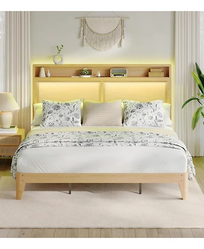 gaomon Rattan Bed Frame Led Lights Boho Wood Platform Storage Headboard Charging Station Silent Slats No Box Spring