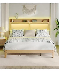 gaomon Rattan Bed Frame Led Lights Boho Wood Platform Storage Headboard Charging Station Silent Slats No Box Spring