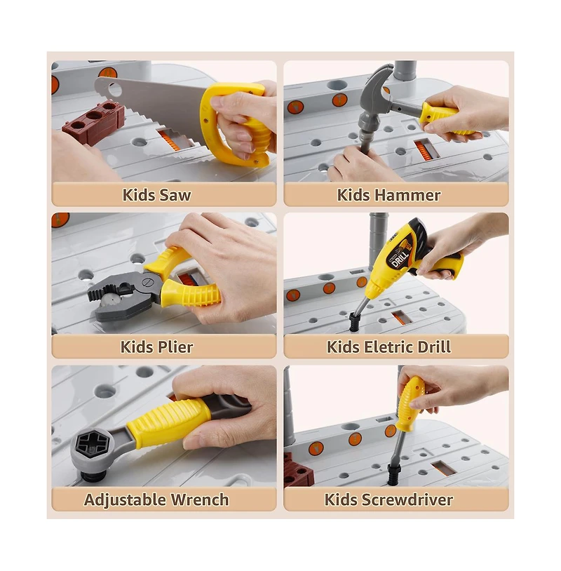 Bruce & Shark 37-Piece Kids Workbench with Realistic Electric Drill, Pretend Play Tool Set for Ages 3-6