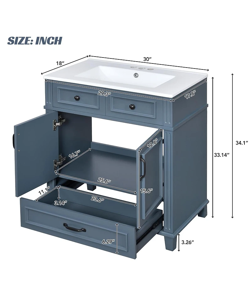 Sillysis 30'' Solid Wood Bathroom Vanity with Ceramic Sink, Soft Close Drawer & Ample Storage, Retro Modern Cabinet for Easy Assembly
