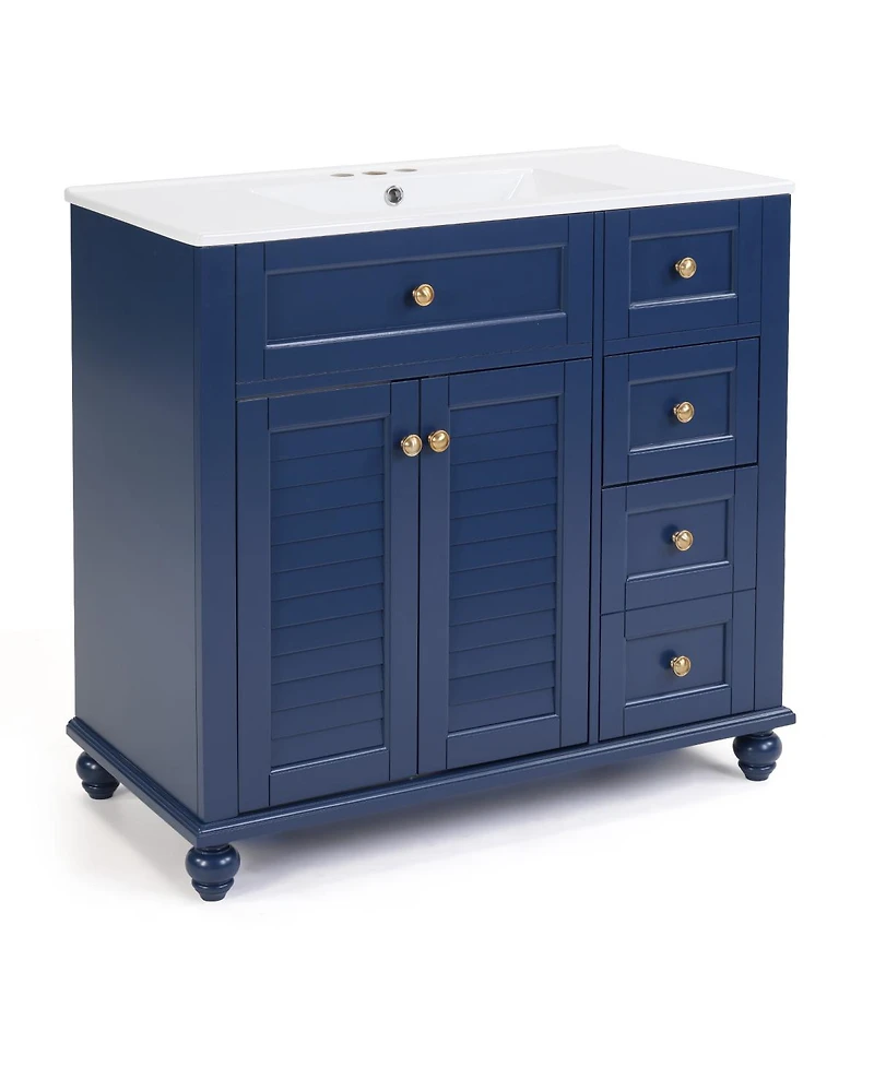 Sillysis 36" Bathroom Vanity with Ceramic Sink, Solid Wood Frame, Flip-Top and Drawer Storage, Adjustable Shelves