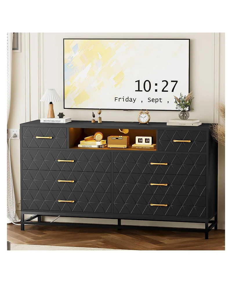 gaomon 8-Drawer Dresser with Led Lights & Charging Station, Modern Accent Chest for Bedroom Living Room Apartment Storage