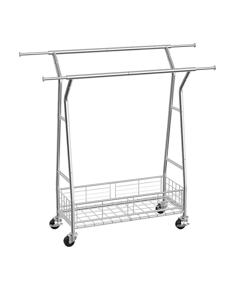 Rainsken Clothes Rack, Rolling Clothing Garment Rack, Extendable Carbon Steel Clothing Racks with 2 Hanging Rods and Storage Basket for Living Room