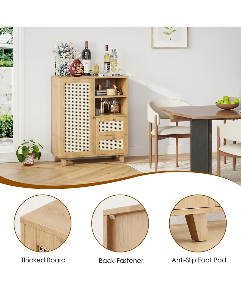 Rainsken Rattan Buffet Cabinet, Kitchen Sideboard with 2 Drawers for Living Room, Dining Room