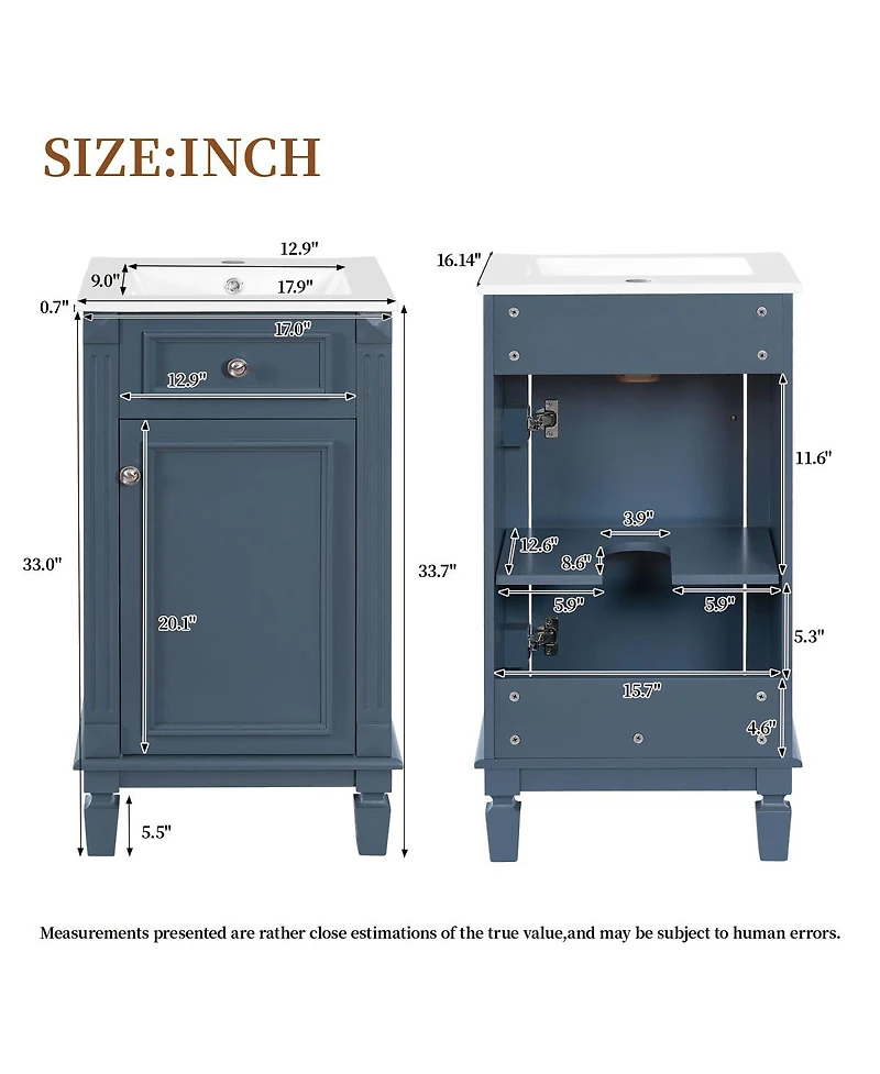 Sillysis 18" Bathroom Vanity with Sink, French Modern Freestanding Solid Wood Mdf Cabinet, Soft Close Door for Small Spaces