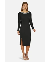 Yumi Women's Bedazzled Neck Fitted Midi Knitted Dress