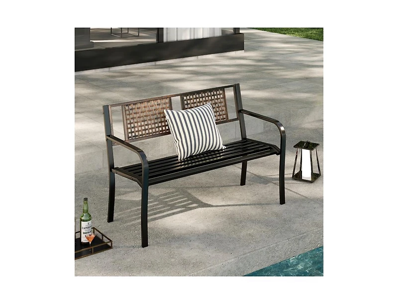 Slickblue Outdoor 50 Inch Metal Patio Bench for 2–3 with Rattan