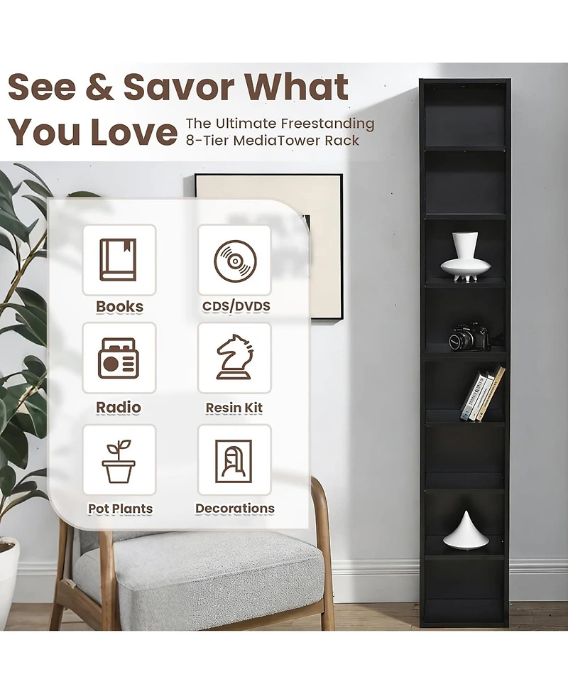 Rainsken 8-Tier Tall Narrow Bookshelf, Slim Storage Cabinet & Display Bookcase with Adjustable Shelves for Living Room, Office