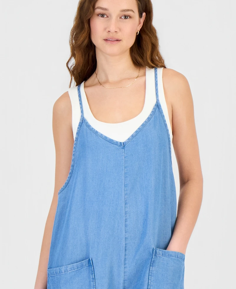 Hippie Rose Juniors' Chambray V-Neck Sleeveless Jumpsuit