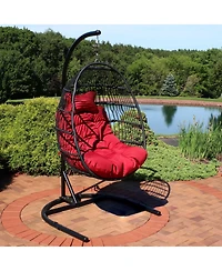 Outdoor Resin Wicker Patio Julia Hanging Basket Egg Chair Swing with Cushions, Headrest, and Steel Stand Set - 3pc