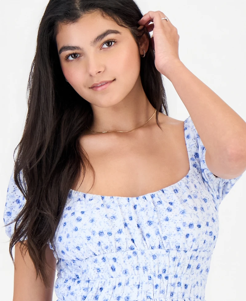 Kingston Grey Juniors' Floral Print Eyelet Puff-Sleeve Mini Dress