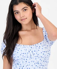 Kingston Grey Juniors' Floral Print Eyelet Puff-Sleeve Mini Dress