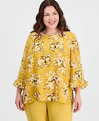 Kasper Plus Boat-Neck Ruffled-Cuff Top