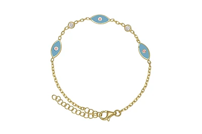Lily Nily Girls Blue Enamel Evil Eye and Cubic Zirconia Bezel Station Chain Link Bracelet in 14K Gold over Sterling Silver
