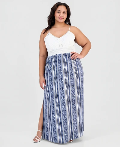 Planet Heart Trendy Plus Lace-Bodice Printed-Skirt Maxi Dress