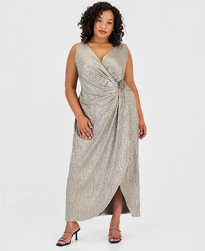 Connected Plus Sleeveless Surplice Flower-Detail Dress