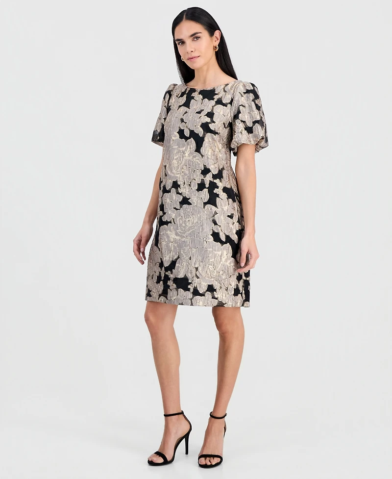 Connected Petite Jacquard Bubble-Sleeve Boat-Neck Dress