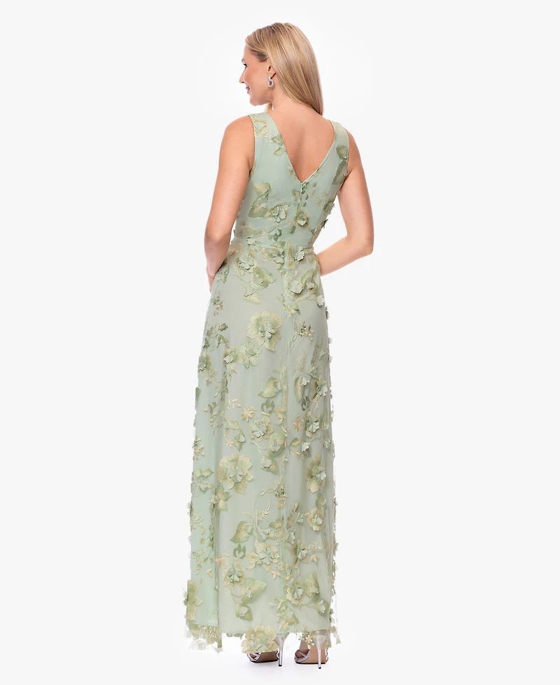 Xscape Women's V-Neck 3D Embroidered Gown