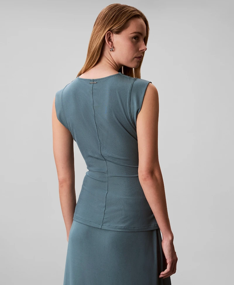 Calvin Klein Women's Rib Ruched Crewneck Sleeveless Tank Top