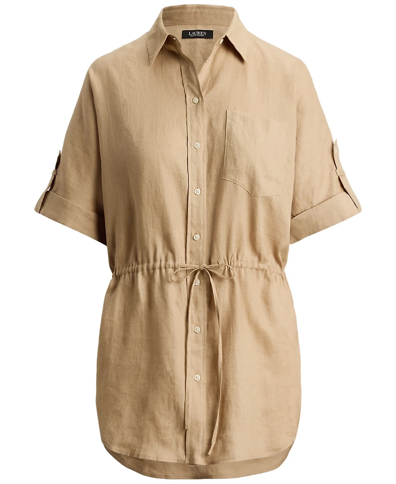 Lauren Ralph Petite Linen Drawcord-Waist Collared Tunic Top