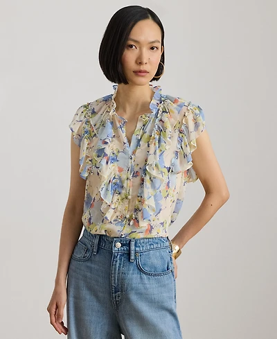Lauren Ralph Petite Floral-Print Ruffle Band Collar Georgette Top