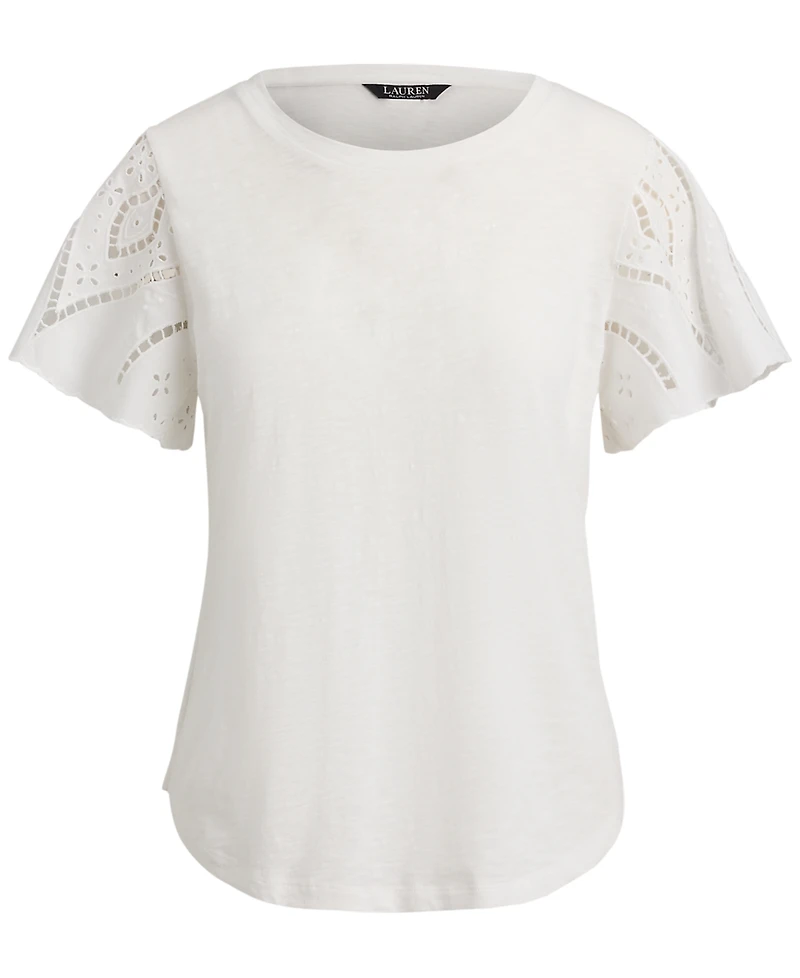 Lauren Ralph Petite Eyelet Flutter-Sleeve Crewneck Top