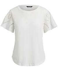 Lauren Ralph Petite Eyelet Flutter-Sleeve Crewneck Top