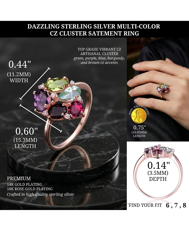 Stylish Sterling Silver 18K Rose Gold Plated with Multi-color Cubic Zirconia Top Ring