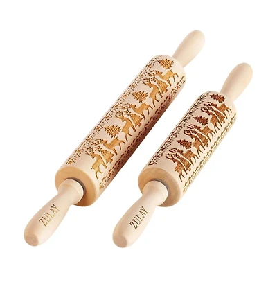 Wooden Carved Christmas Rolling Pin 2-Pc.