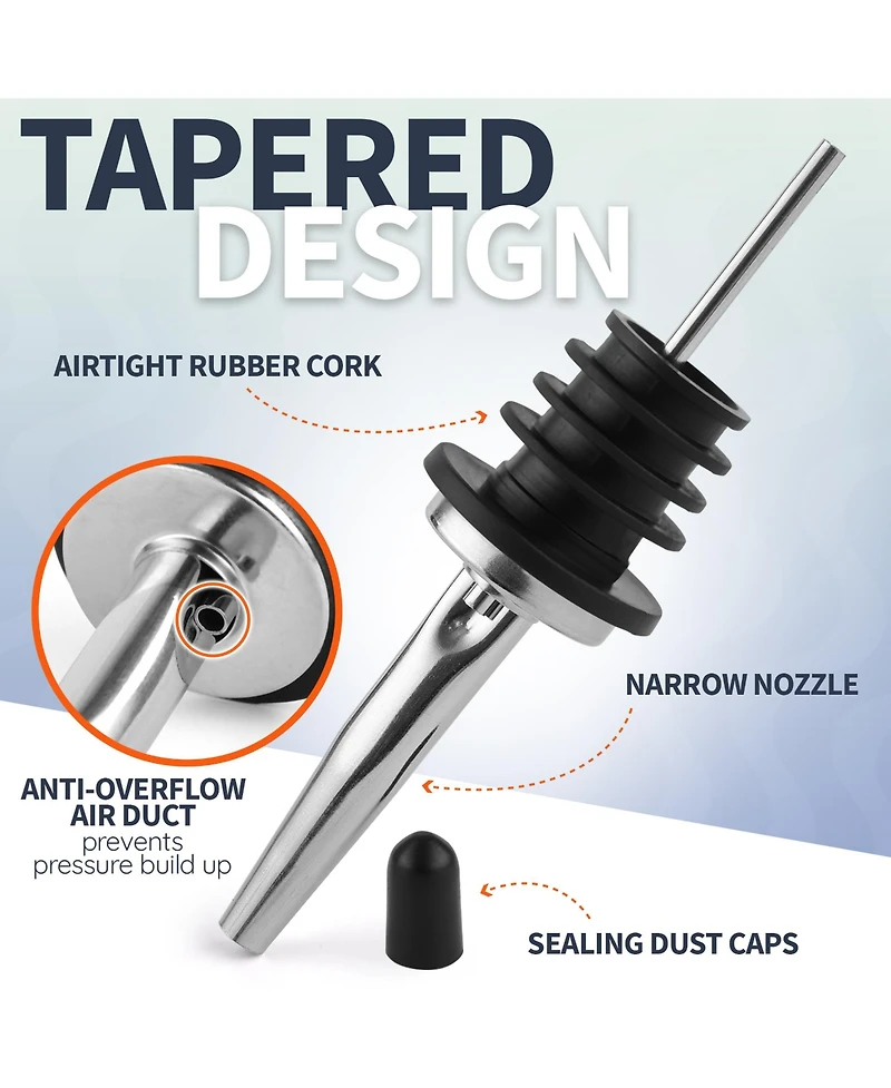 Stainless Steel Liquor Bottle Pourers with Rubber Dust Caps - 12 Pack