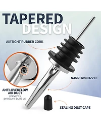 Stainless Steel Liquor Bottle Pourers with Rubber Dust Caps - 12 Pack