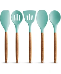 5 Piece Silicone Utensils Set with Authentic Acacia Wood Handles